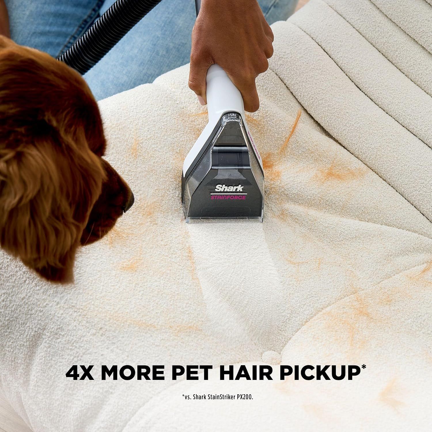 Highlights the product's superior pet hair removal capability with a quantifiable performance claim, reassuring pet owners of its effectiveness. Communicates the benefit of enhanced pet hair removal…