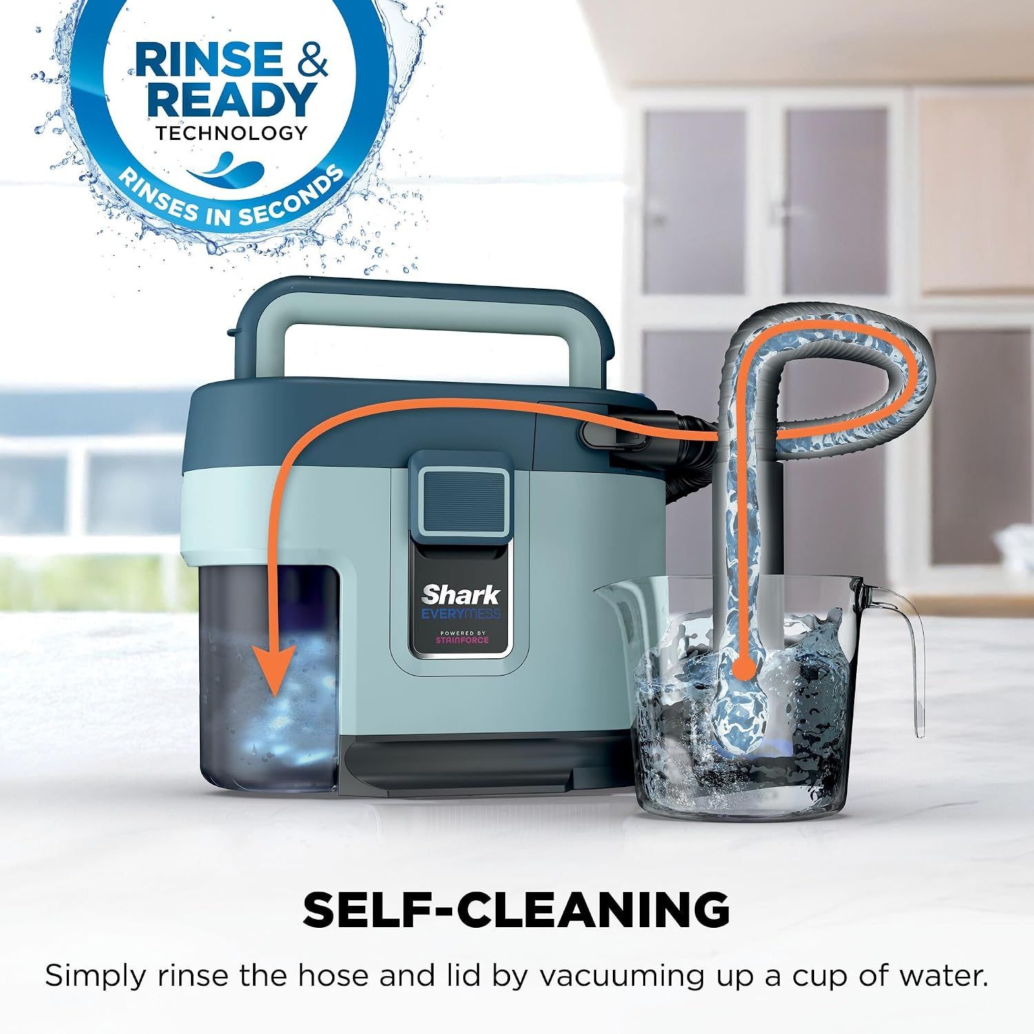 Explains how the product cleans itself by simply vacuuming up a cup of water, reassuring shoppers of easy maintenance and convenience. Highlights the convenience benefit of the self-cleaning feature.