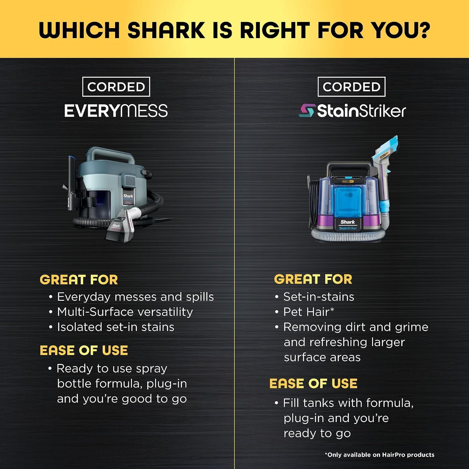 Helps shoppers choose between two Shark product models by comparing their features, use cases, and ease of use side-by-side.