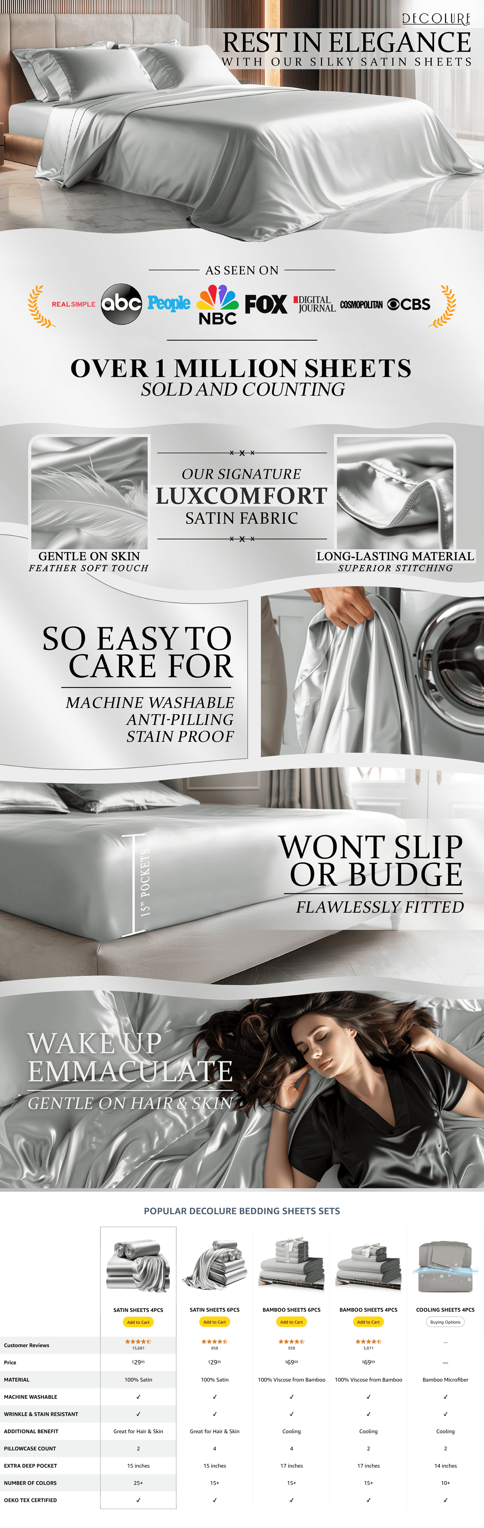Amazon.com: DECOLURE Satin Bed Sheets: A+ Premium