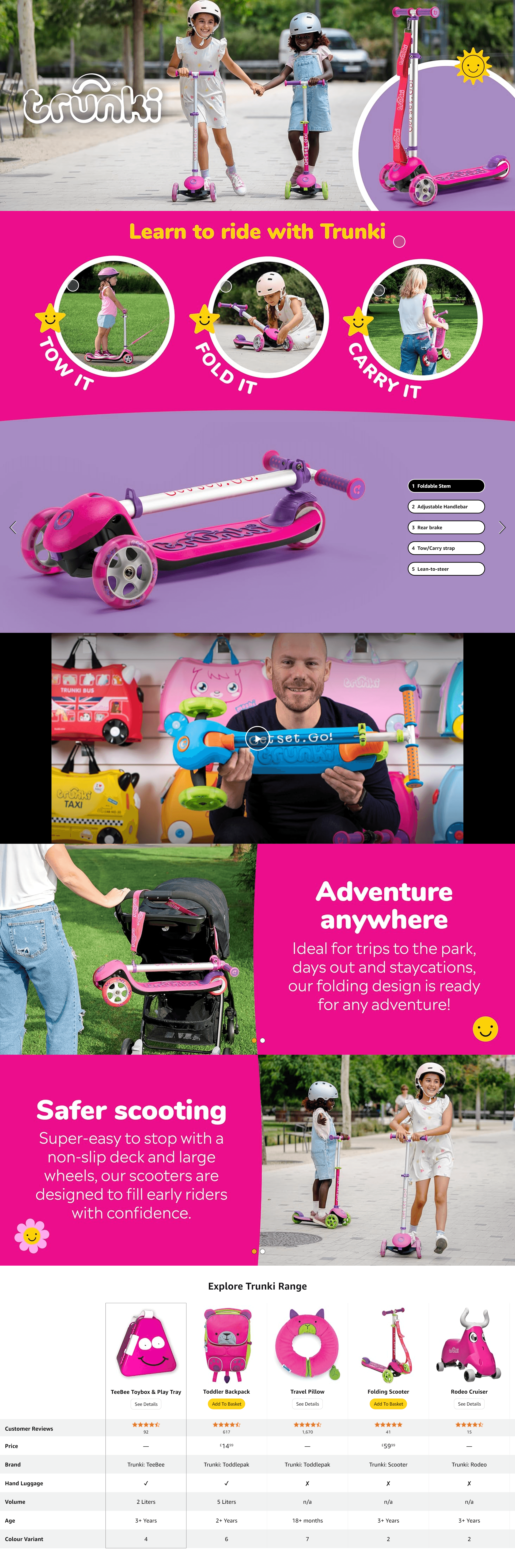 Trunki Folding 3 Wheel Kids Scooter for Girls with Tow and Carry Strap and Storage bag: A+ Premium