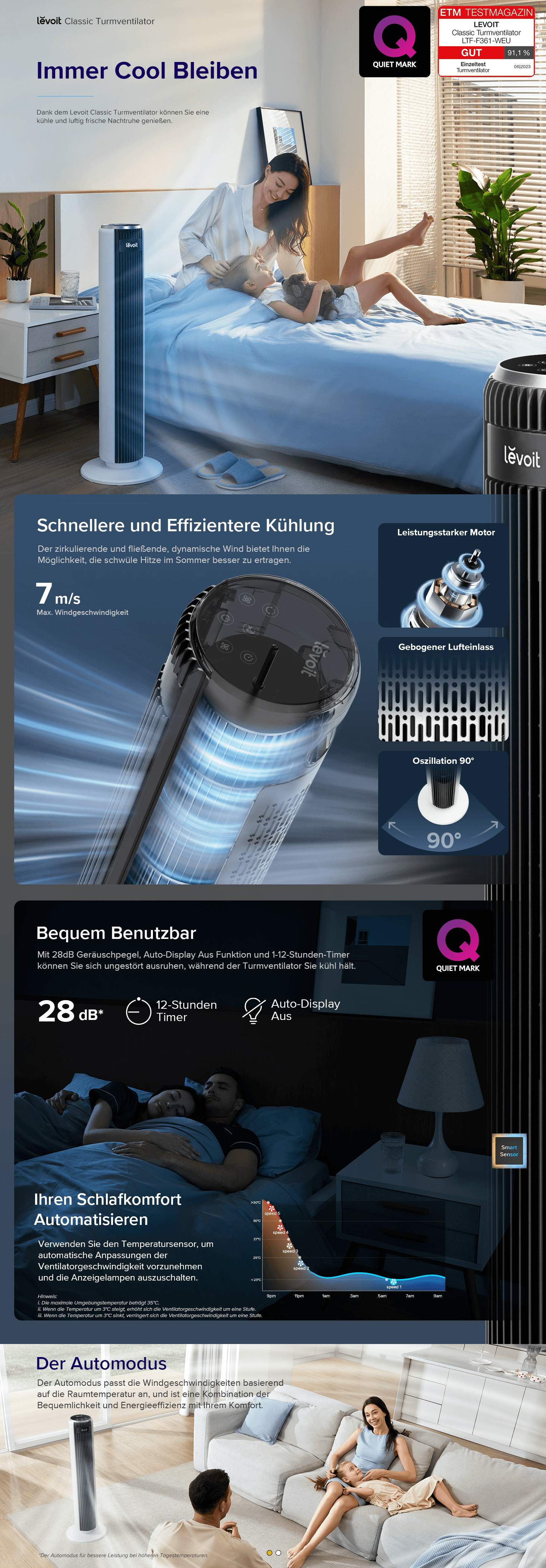 Amazon.de: Levoit 28dB leiser Turmventilator mit Fortschrittlichem Schlafmodus: A+ Premium