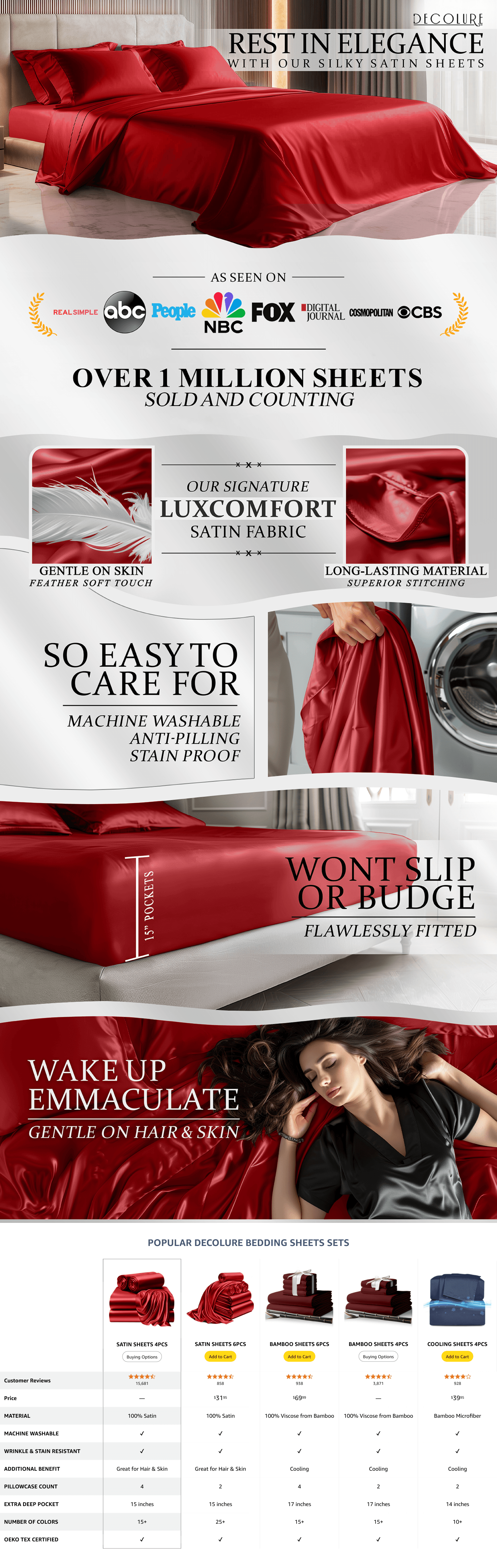 Amazon.com: DECOLURE Satin Bed Sheets: A+ Premium