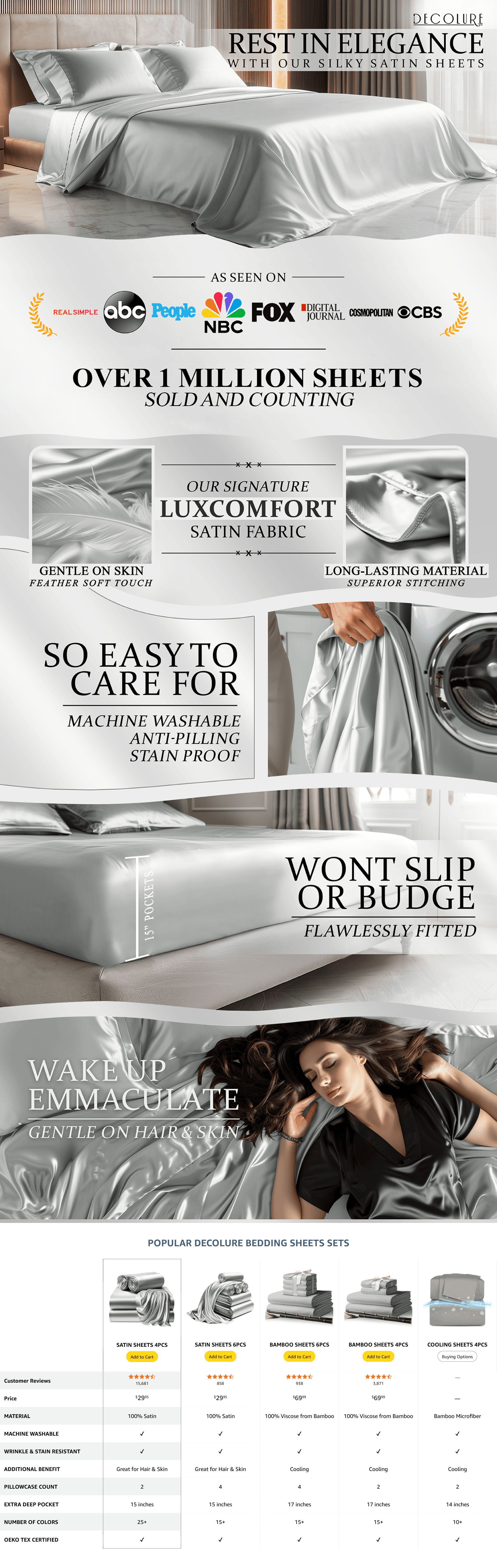 Amazon.com: DECOLURE Satin Bed Sheets: A+ Premium