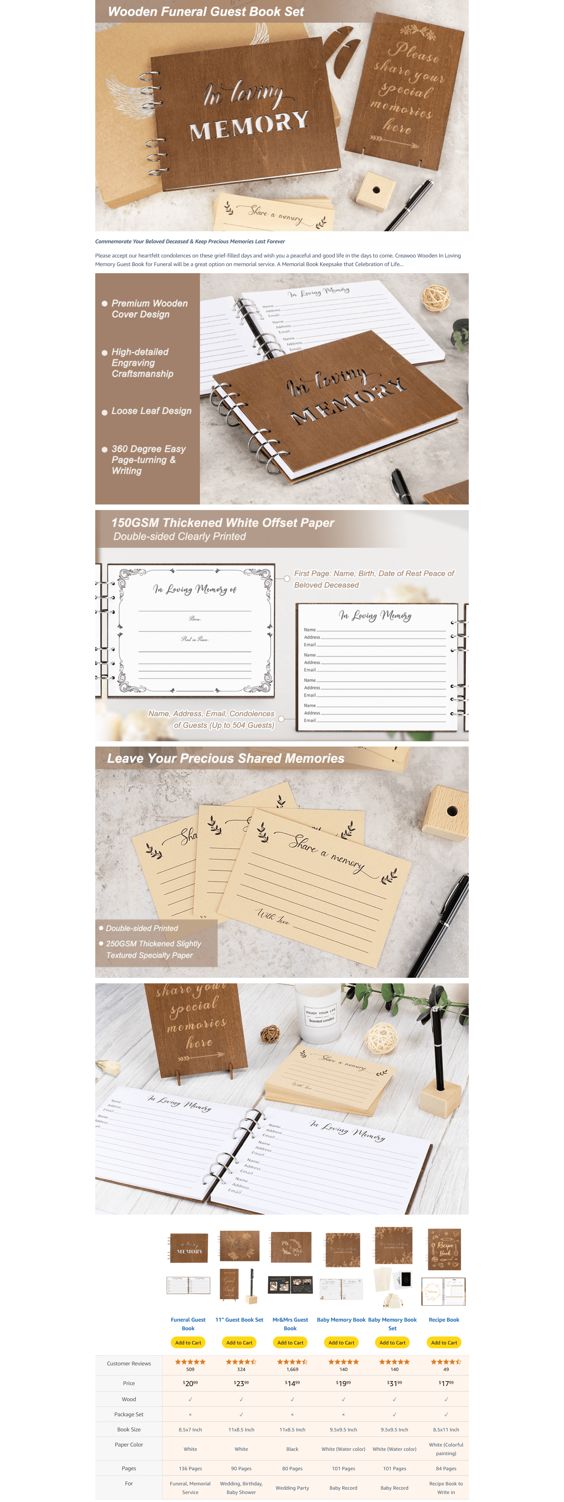 Amazon.com: Creawoo Wooden Funeral Guest Book for Memorial Service Celebration of Life…: A+ Premium