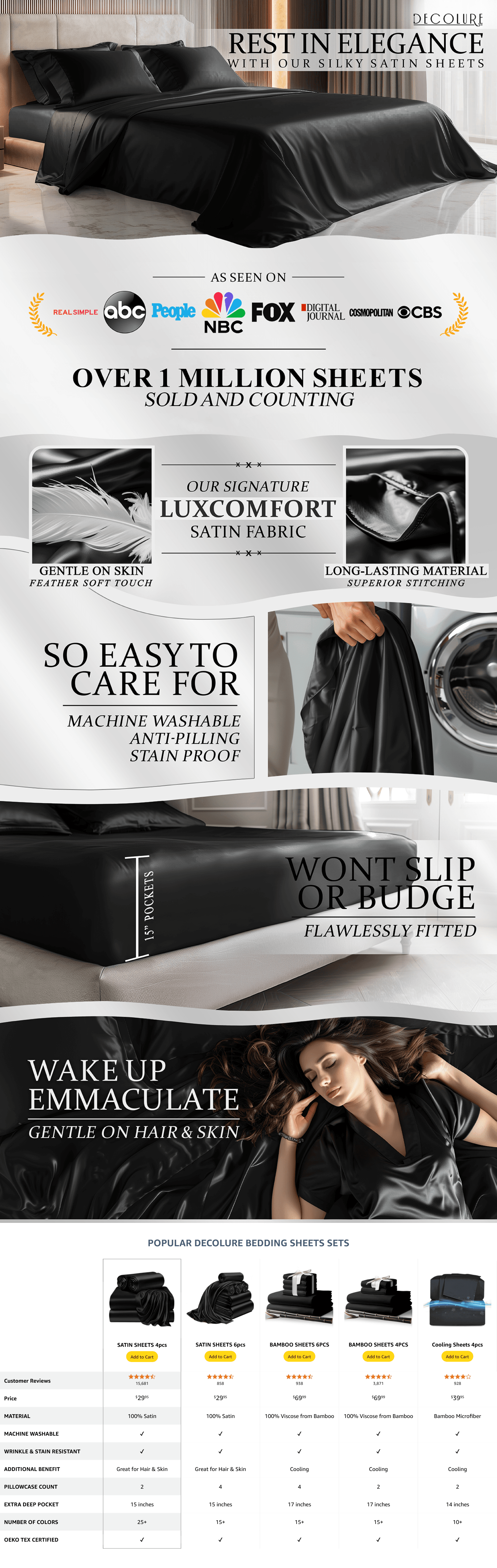 Amazon.com: DECOLURE Satin Bed Sheets: A+ Premium