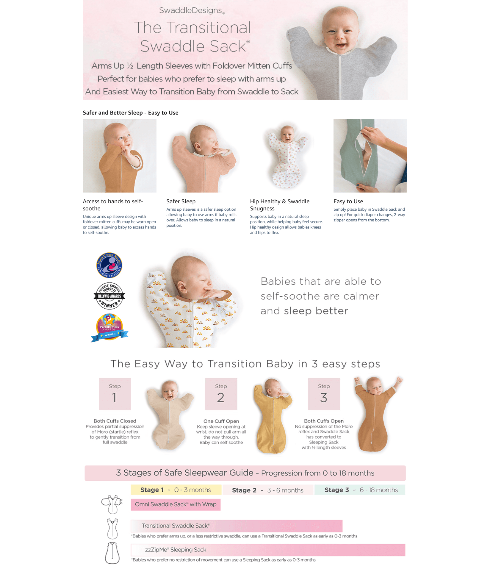 Amazon.com: SwaddleDesigns Transitional Swaddle Sack with Arms Up Half-Length Sleeves…: A+ Premium