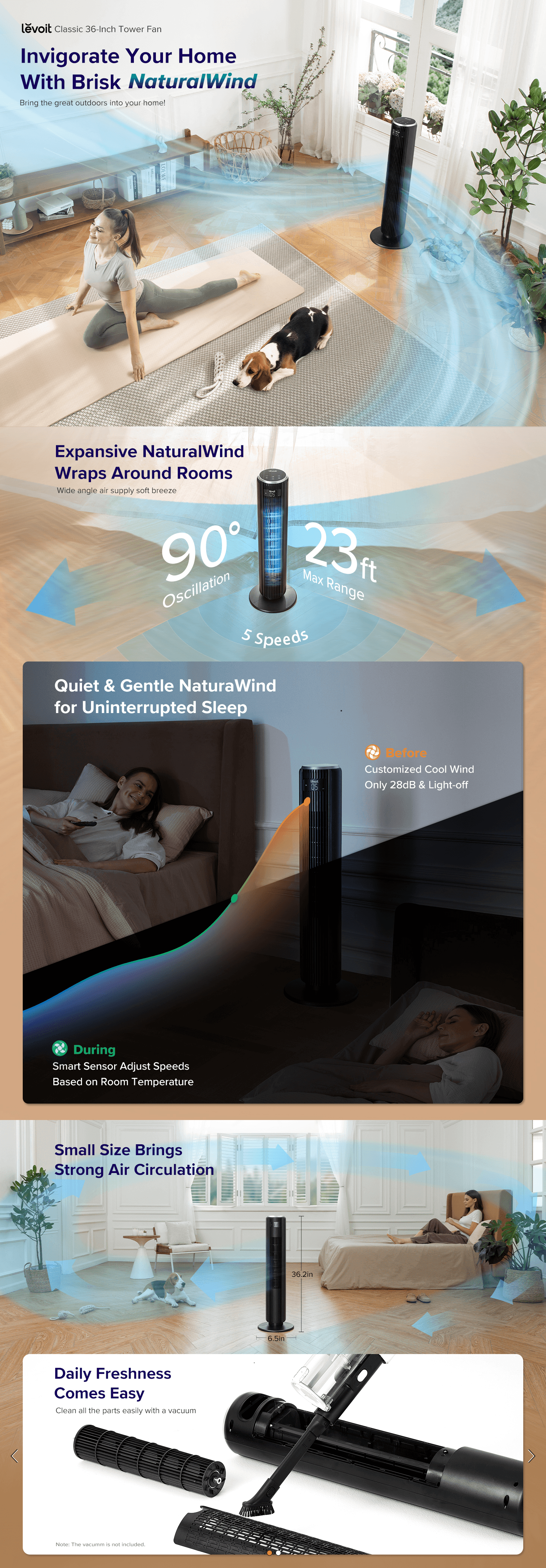 Amazon.com: LEVOIT Classic 36 Inch Bladeless Tower Fan: A+ Premium