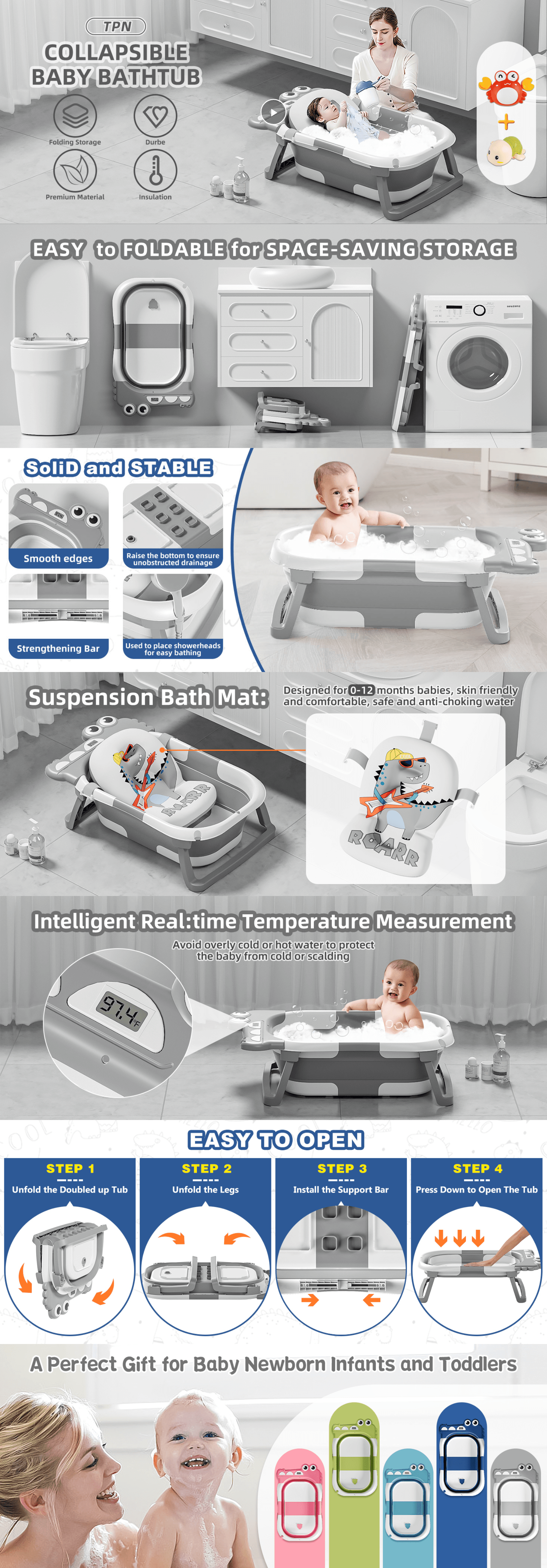 A+ Premium for Amazon.com: TPN Collapsible Baby Bathtub for Infants to Toddler with Real-time Temp…