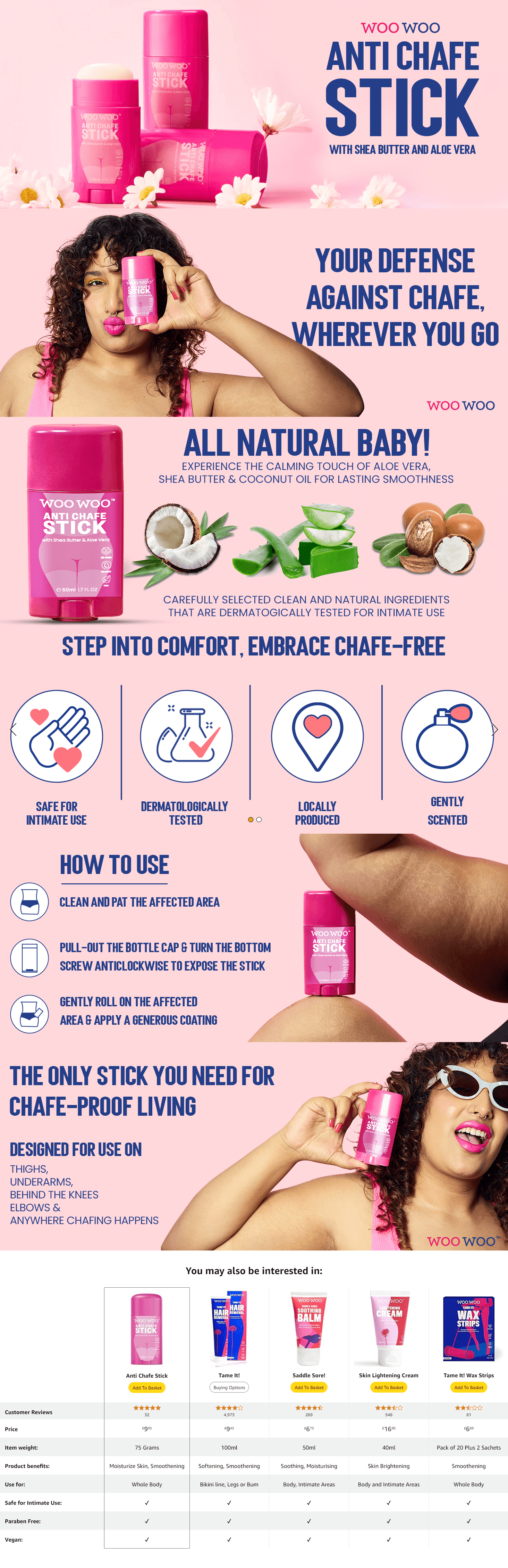 WooWoo Anti Chafe Stick with Aloe Vera and Shea Butter 50ml: A+ Premium