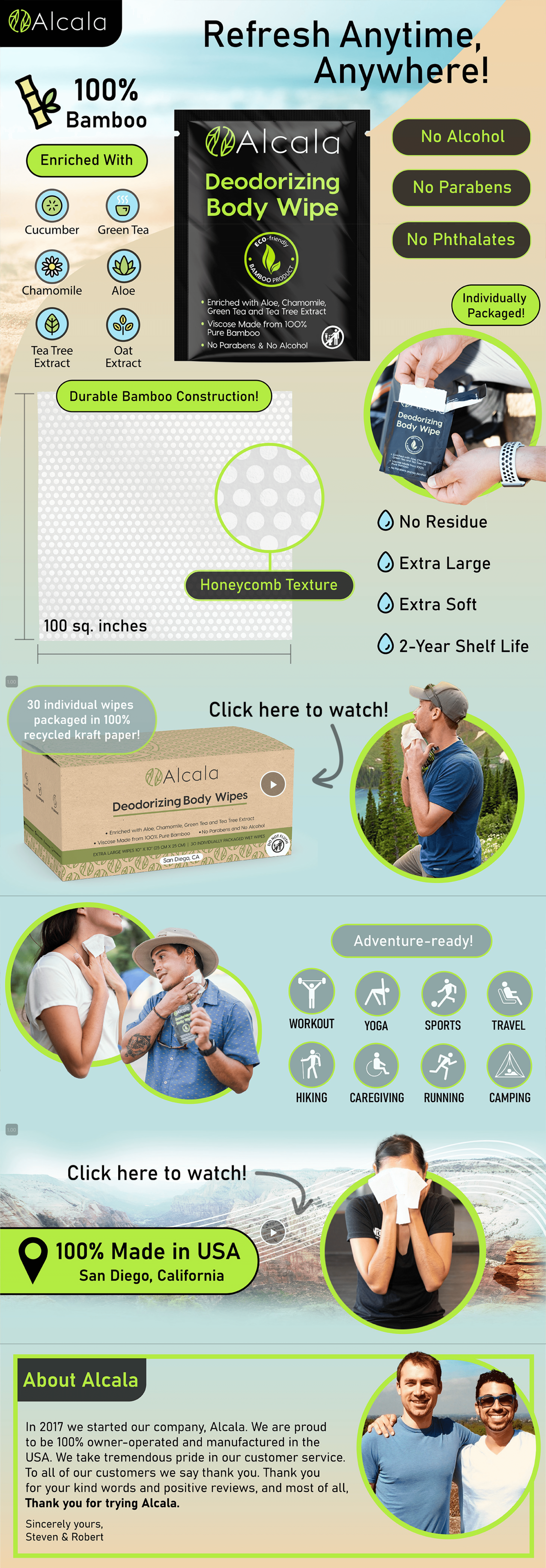 Amazon.com: Alcala Deodorizing Body Wipes Individual Shower Wipes 100% Pure…: A+ Premium