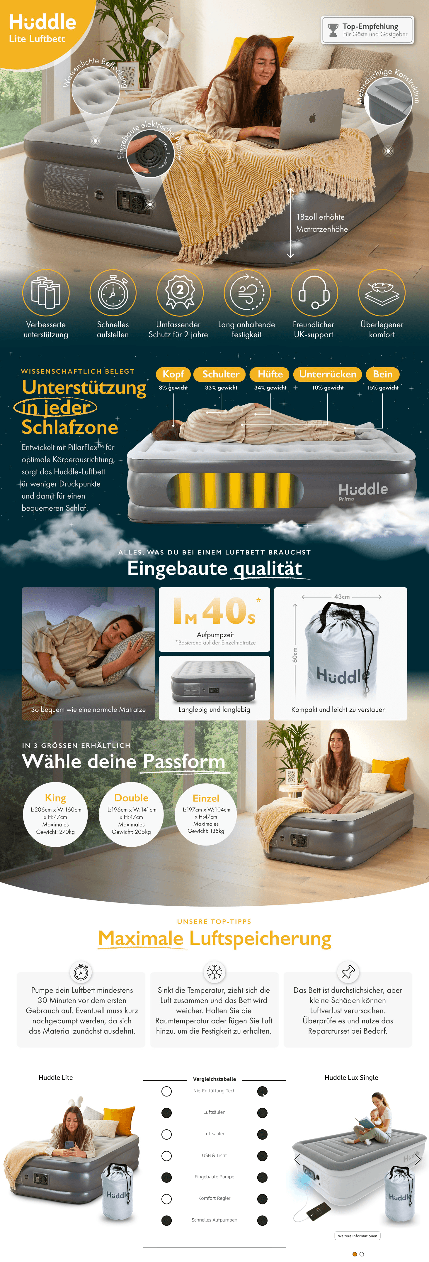 Huddle Lite Luftbett mit Integrierter Pumpe: A+ Premium