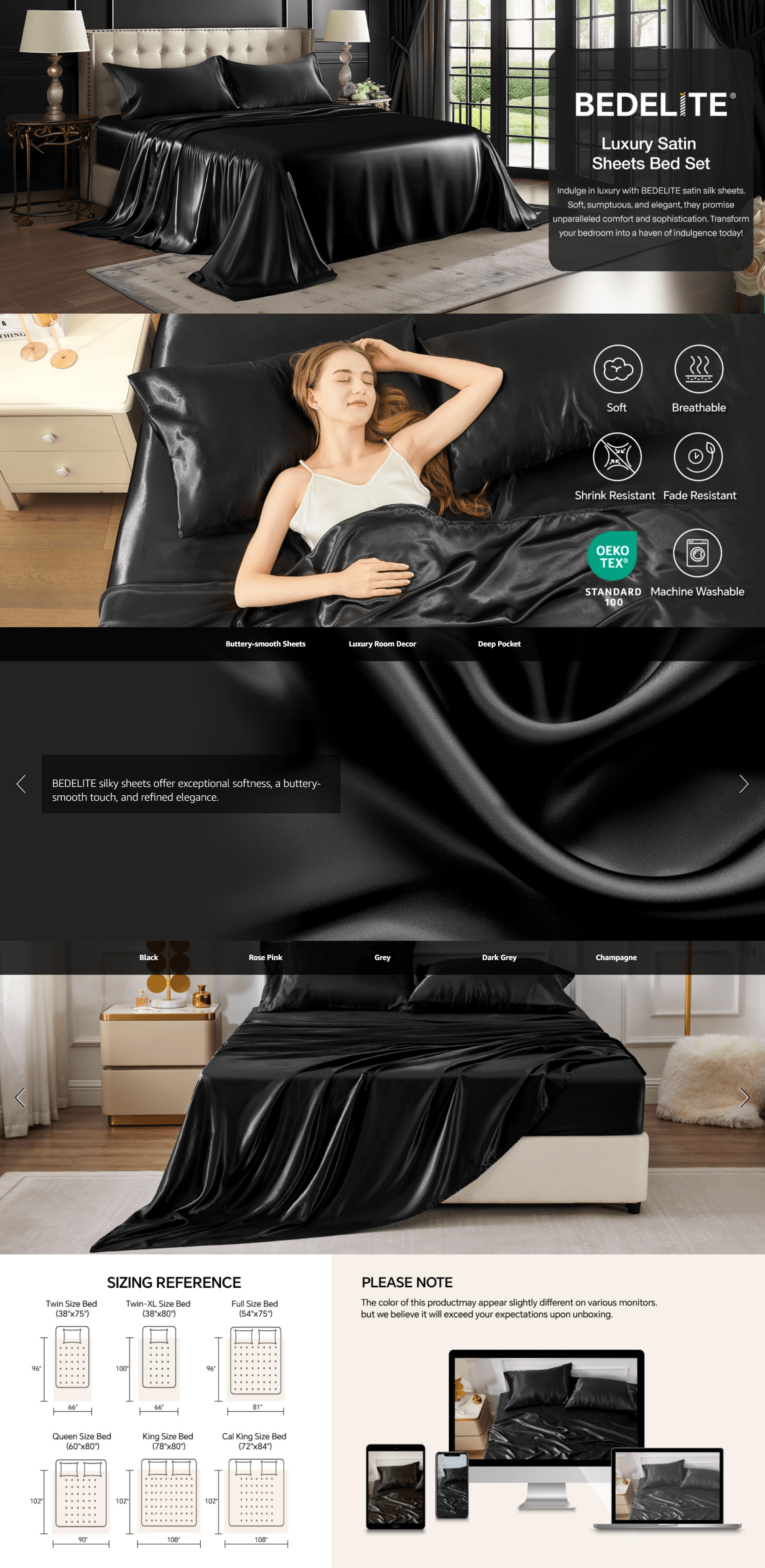 Amazon.com: BEDELITE Satin Sheets Queen Size Bed Set: A+ Premium